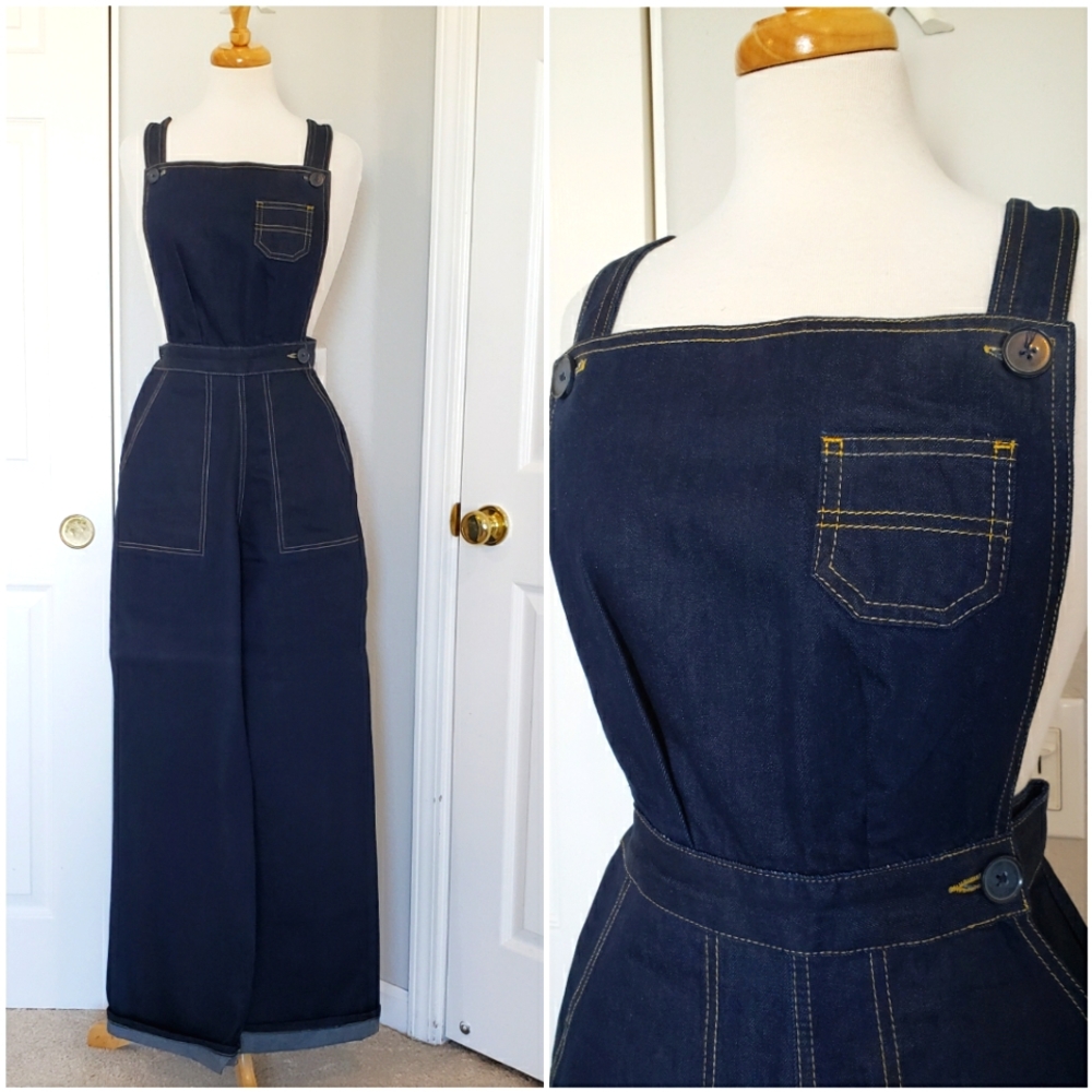 Freddies of Pinewood Dungaree Doll Denim 40s style High Waisted Overalls Size 26